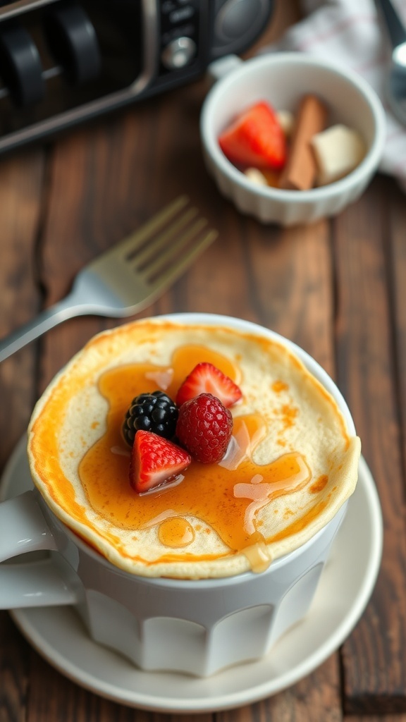 Quick 90-Second Microwave Pancake Recipe A fluffy microwave pancake in a mug topped with syrup and berries on a wooden table.